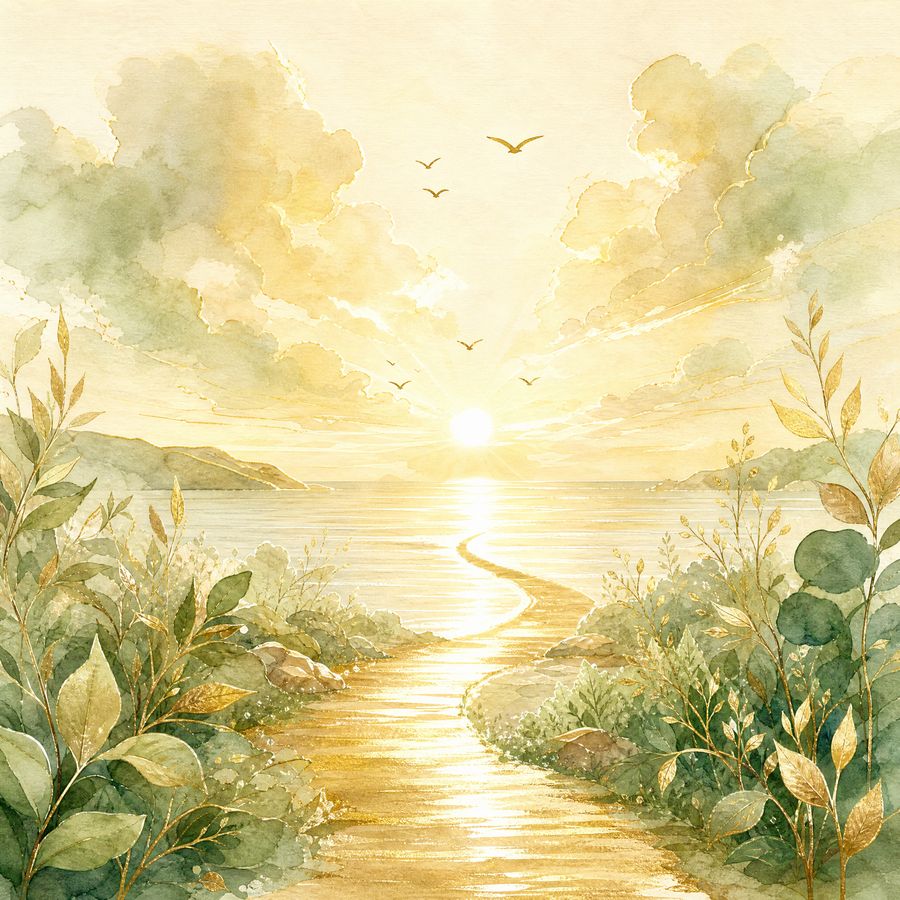Goldener Weg am Wasser bei Sonnenaufgang