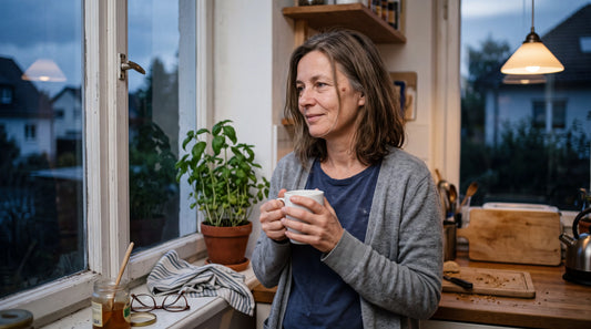 Frau um die 50 steht am frühen Morgen mit einer Tasse am Küchenfenster und blickt hinaus