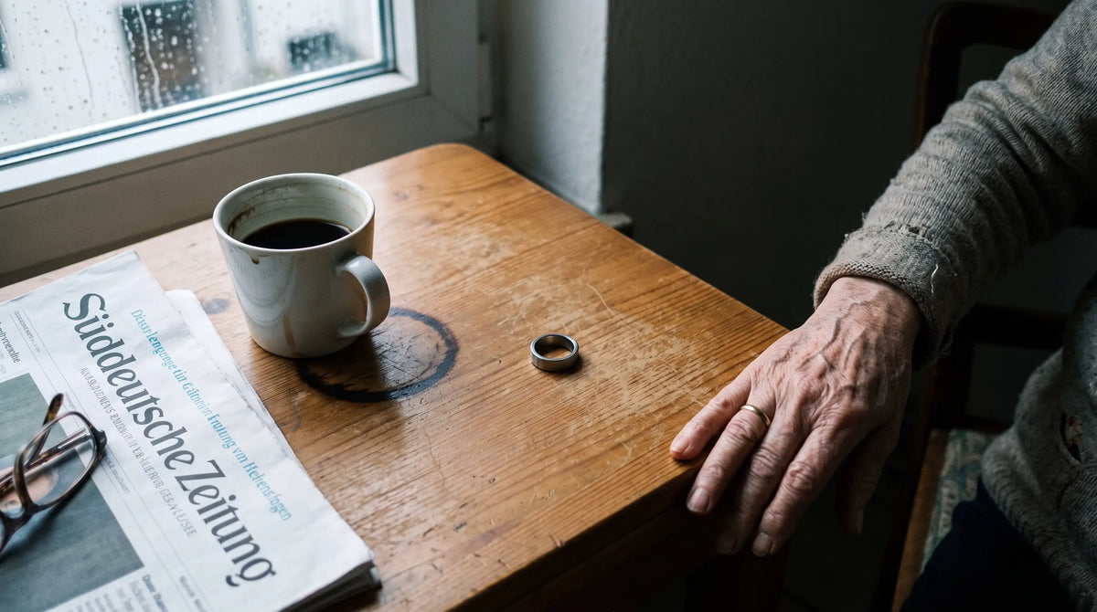 Abgelegter Magnetring auf einem Küchentisch neben Kaffeetasse, Zeitung und Lesebrille