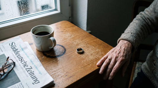 Abgelegter Magnetring auf einem Küchentisch neben Kaffeetasse, Zeitung und Lesebrille