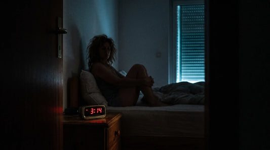 Digitalwecker zeigt 3:14 Uhr, dahinter unscharf die Silhouette einer wachen Frau im Bett