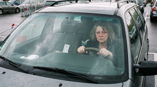 Frau um die 48 sitzt bei Regen im geparkten Auto, beide Hände am Lenkrad, ohne loszufahren